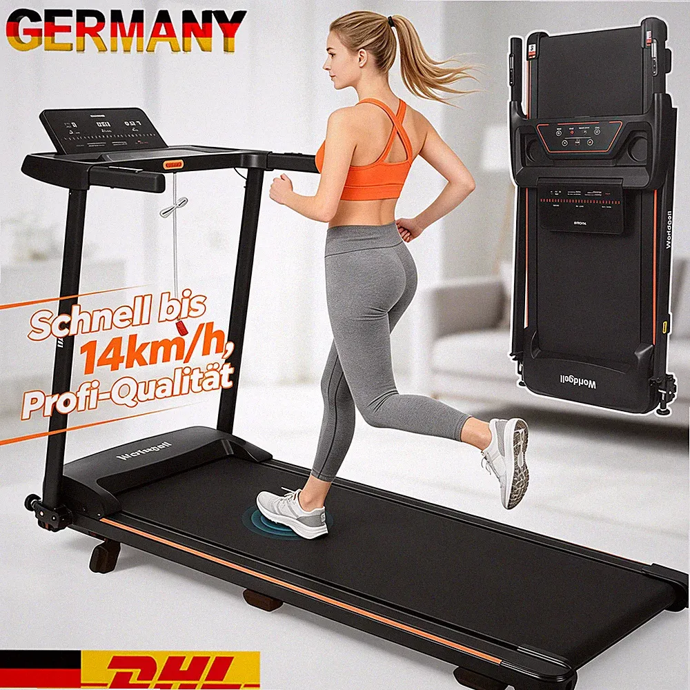 7% Laufband für Zuhause Klappbar mit Handlauf, 14 km/h, Bluetooth , LED-Display