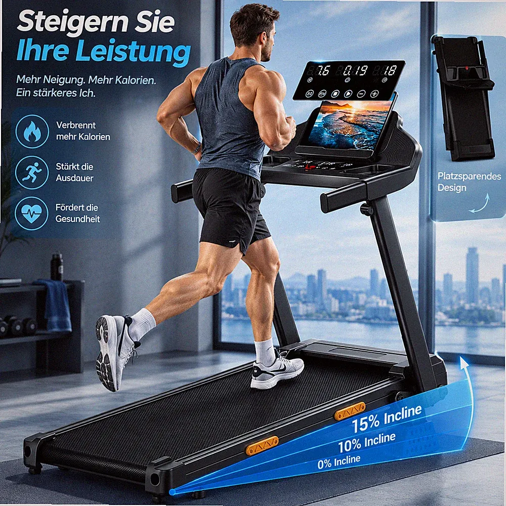 Laufband 3-Stufen 15% Steigung Manuelle Faltbar 3PS Motor für Zuhause max 12km/h