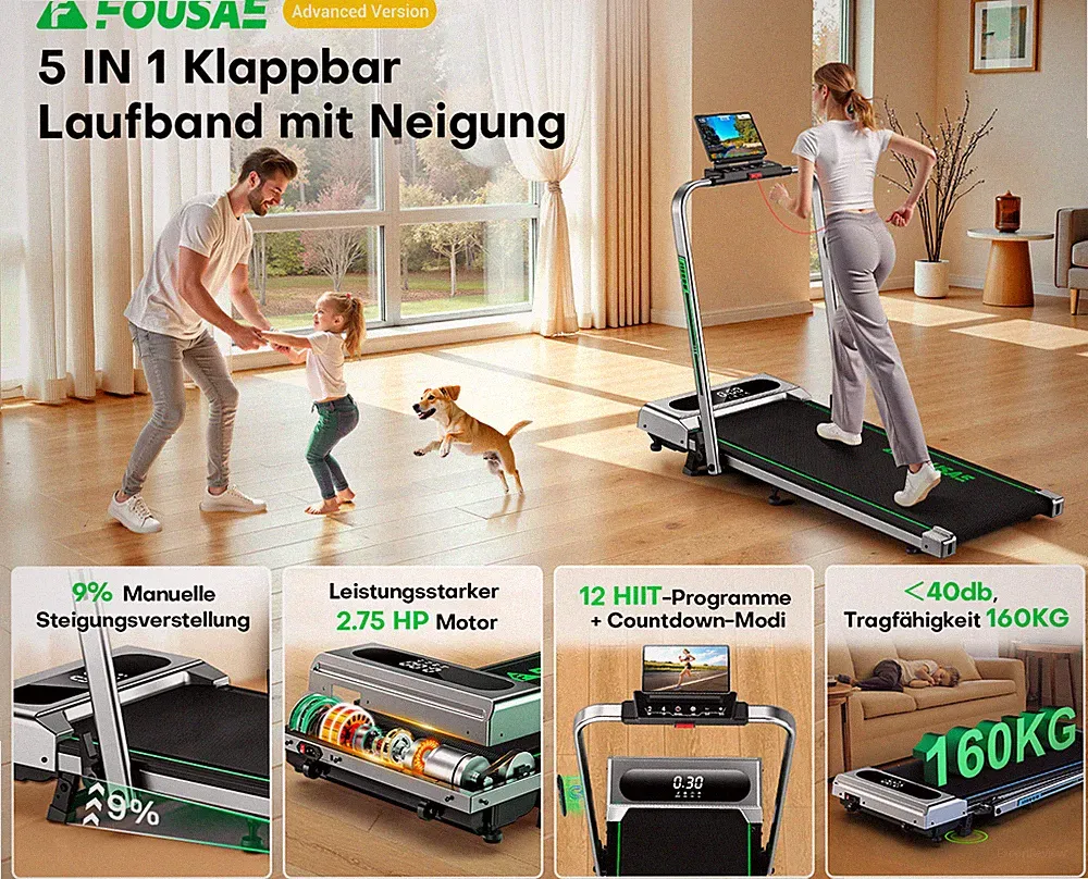 Laufband für Zuhause, 5 in 1 Walking Pad, 12km/h Klappbar FOUSAE Bis 160 kg