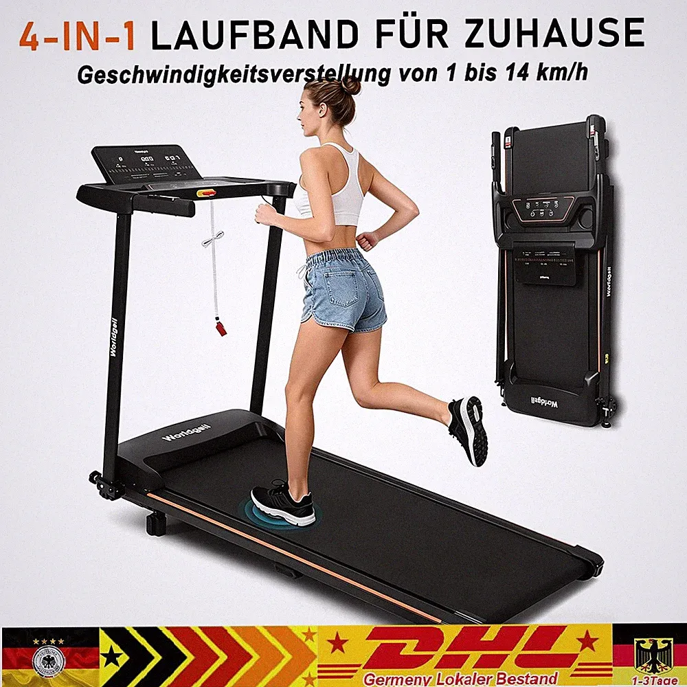 Laufband für zuhause, LED-Display, 1-14 km/h, Leise & Klappbar 7% Steigung