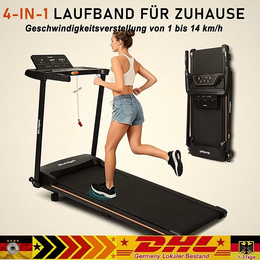 Laufband für zuhause, LED-Display 14 km/h, Leise & Klappbar Mit Not-Aus-Schalter