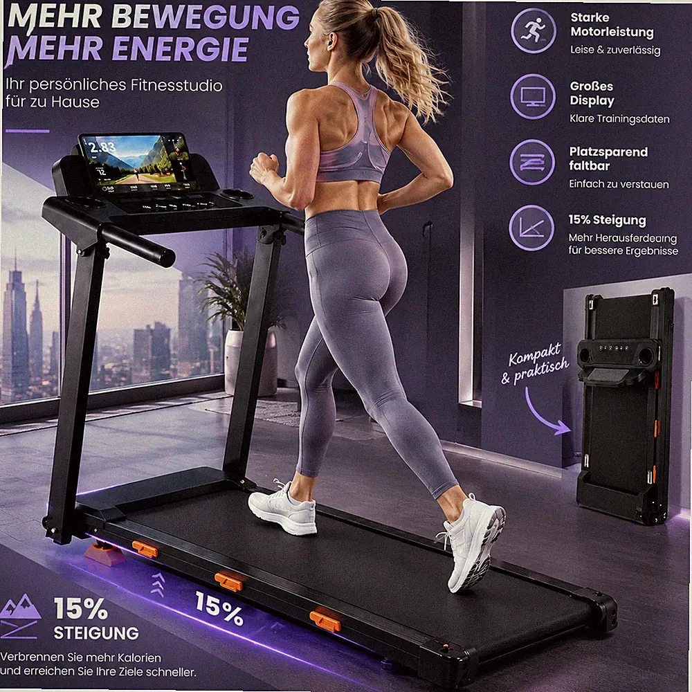 Laufband für zuhause mit 15 % Steigung (manuelle), 12KM/H Heimlaufband kompakt