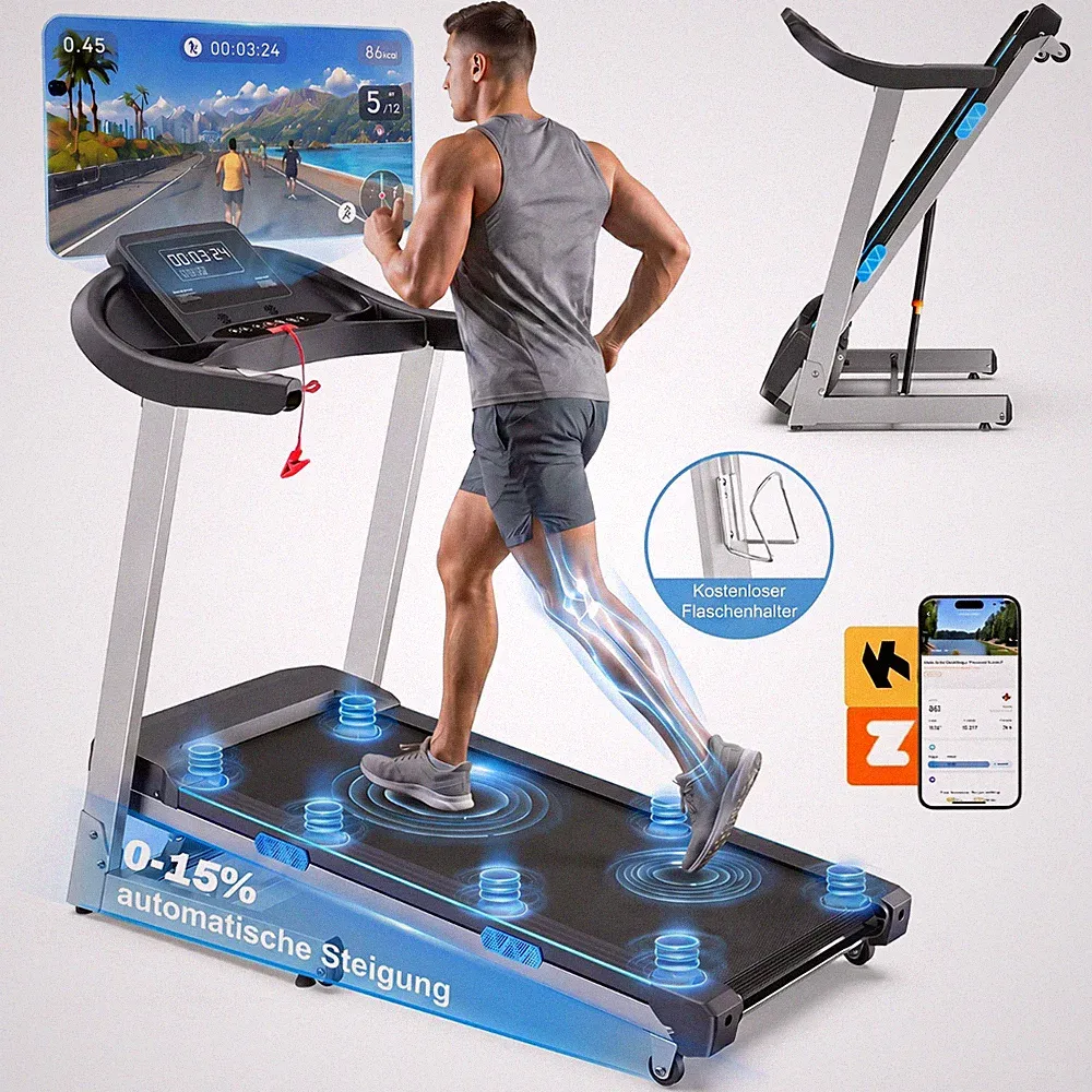 Laufband Klappbar Für Zuhause mit Steigung 15% Automatische Neigung Laufband