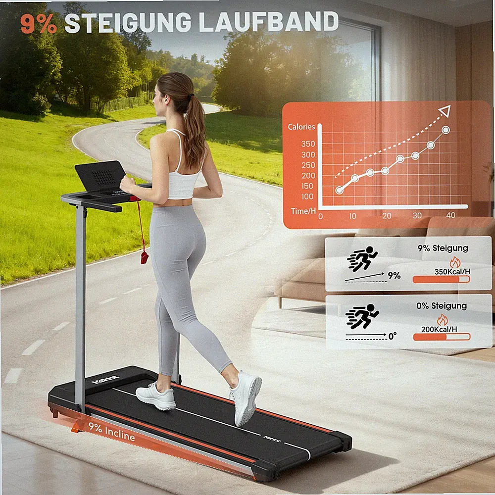 Laufband Klappbar mit 9% Steigung, 12 km/h, Leise & Bluetooth-App für Zuhause