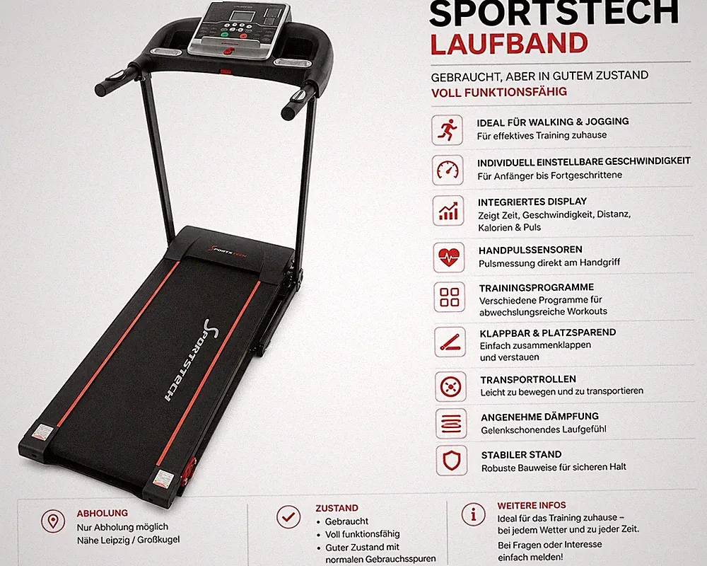 Sportstech Laufband elektrisch, 12 Programme, LCD, klappbar, schwarz/rot