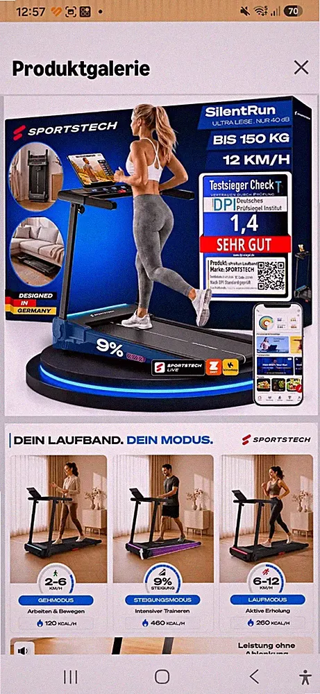 Sportstech SilentRun elektrisches Laufband 12 km/h 9% Steigung 150 kg klappbar