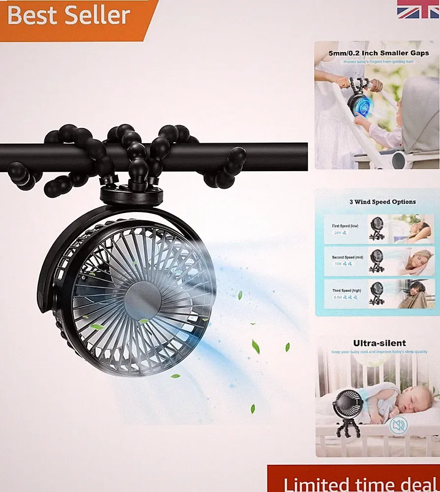 Wiederaufladbarer 360° drehbarer Clip-On Ventilator für Kinderwagen, Laufband & Reise